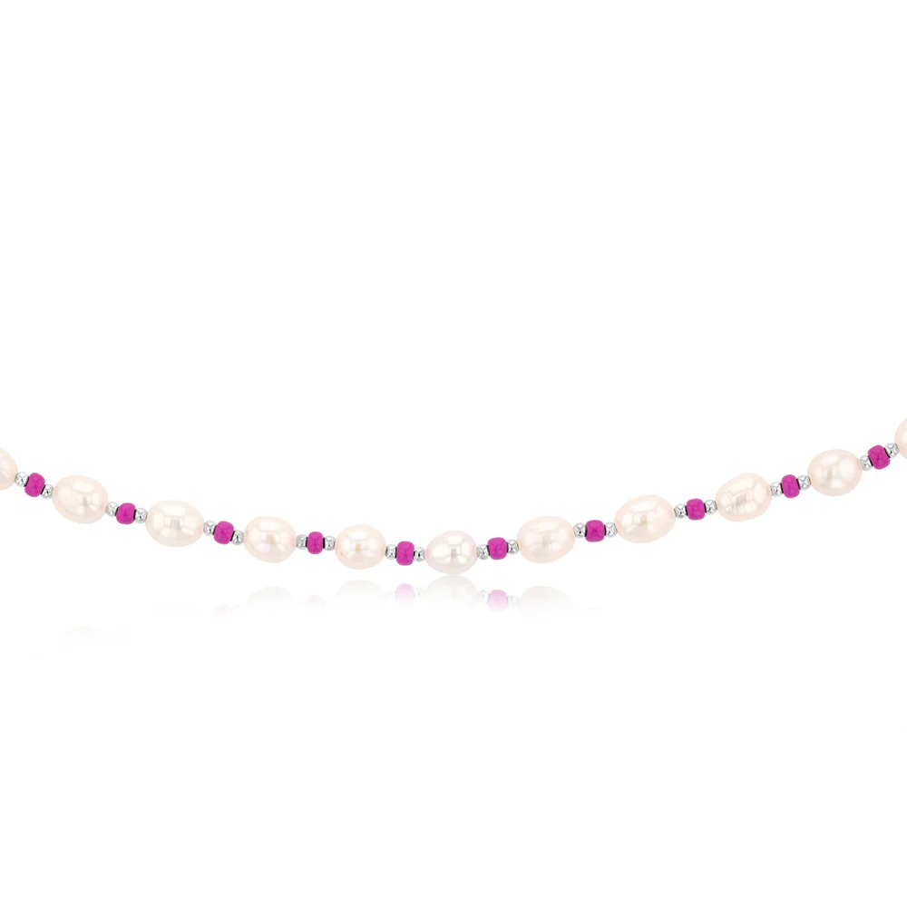 White Freshwater Pearl Chain with Pink & Silver Beads in Sterling Silver - Image 2