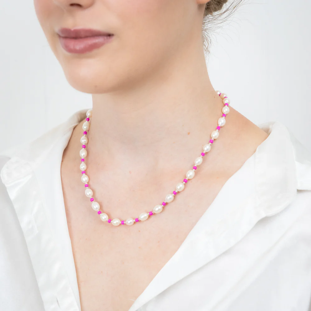 White Freshwater Pearl Chain with Pink & Silver Beads in Sterling Silver - Image 3