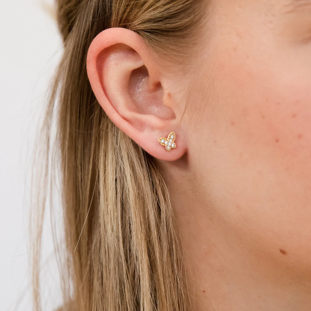 Yellow Gold Plated Sterling Silver Cubic Zirconia On Butterfly On Stud Earrings - Image 2