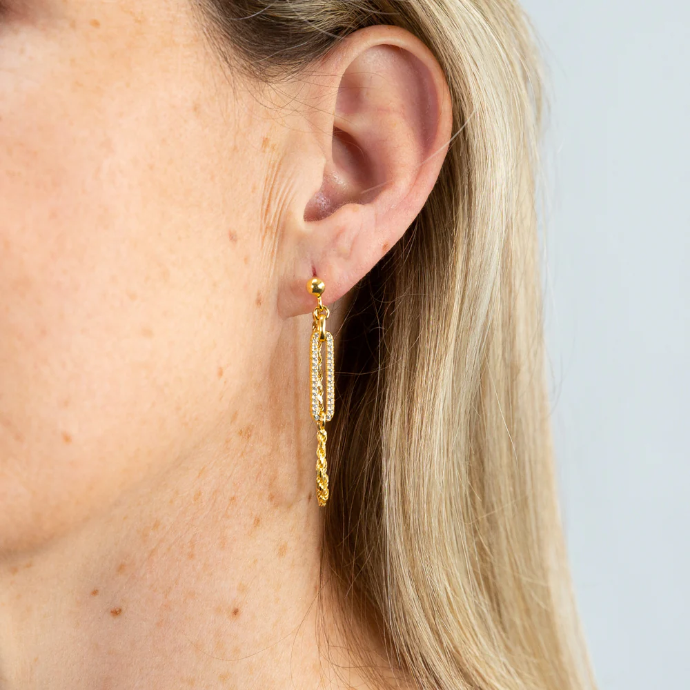Yellow Gold Plated Sterling Silver CZ On Open Rectangle And Chain Earrings - Image 2