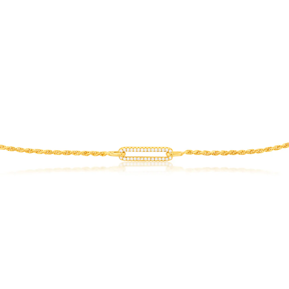 Yellow Gold Plated Sterling Silver CZ On Open Rectangle Pendant On 45cm Chain - Image 2