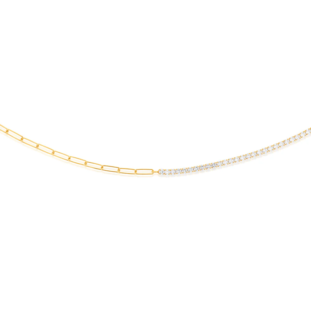 Yellow Gold Plated Sterling Silver CZ String And Paperclip Half N Half 45cm Chain - Image 2