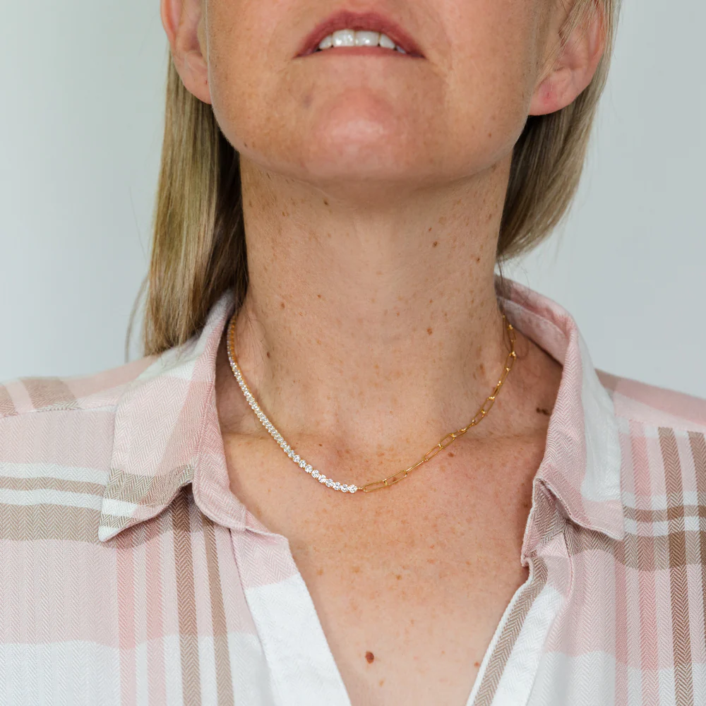 Yellow Gold Plated Sterling Silver CZ String And Paperclip Half N Half 45cm Chain - Image 3
