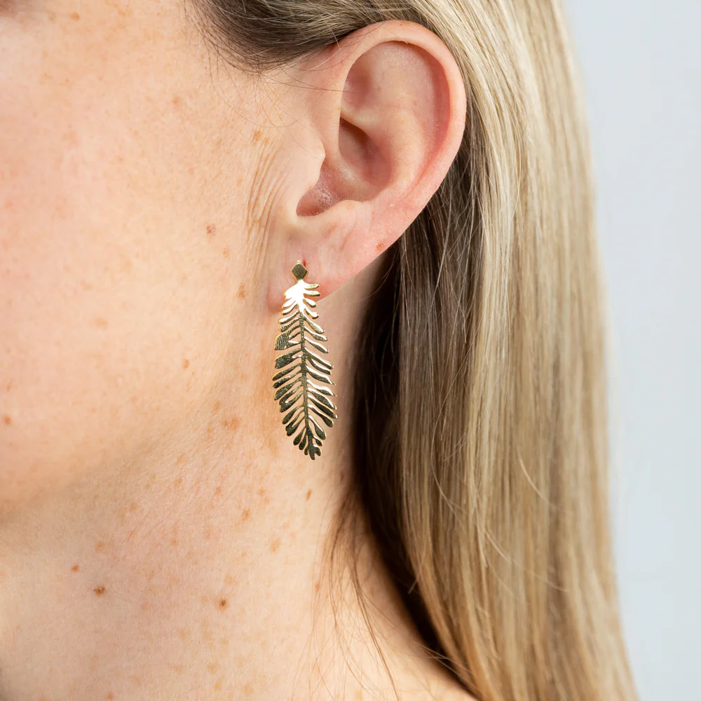 Yellow Gold Plated Sterling Silver Verticle Feather Drop Earrings - Image 2