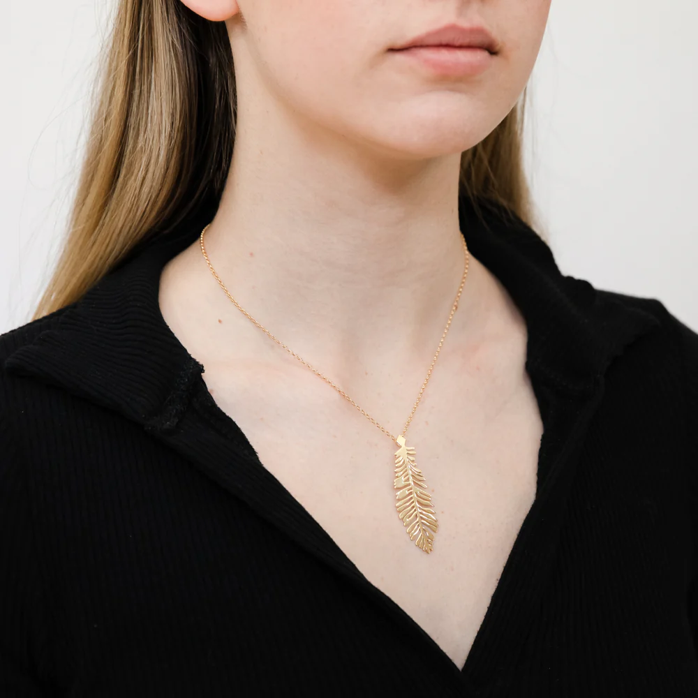 Yellow Gold Plated Sterling Silver Verticle Feather pendant On 45cm Chain - Image 2