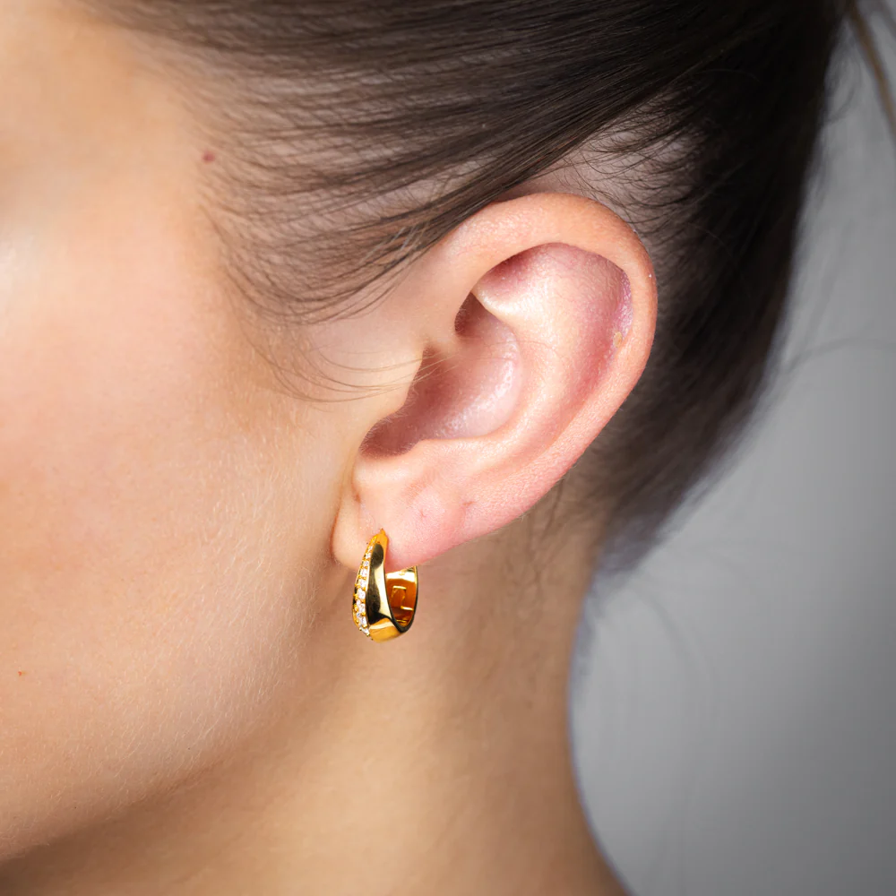 Yellow Gold Sterling Silver CZ Huggie Earrings - Image 2
